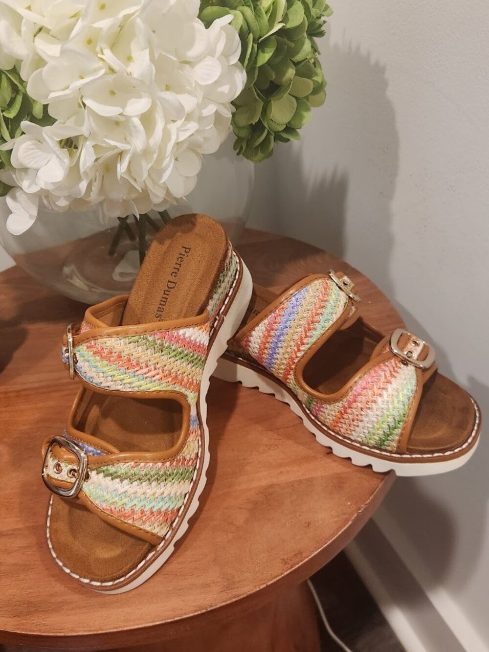 Pierre Dumas Wedge Sandals with woven colorful upper. Size 7